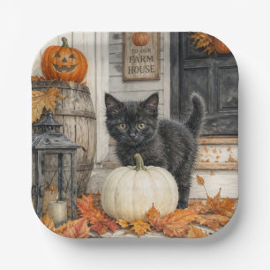 Cute Farmhouse Black Cat and Pumpkin Halloween Paper Plates