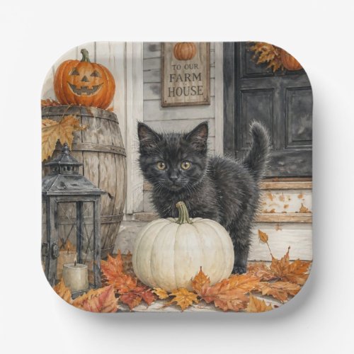Cute Farmhouse Black Cat and Pumpkin Halloween Paper Plates