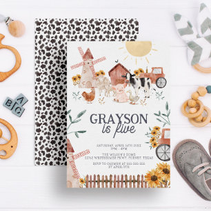 Cute Farmhouse & Cow Print Farm Birthday Invitation