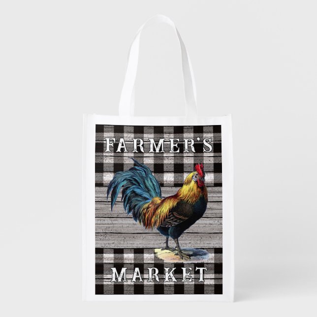 Cute Farmhouse Rooster On Old Wood Planks Grocery Bag (Front)