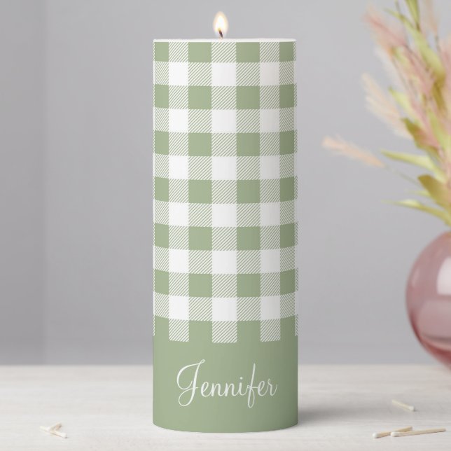 Cute Farmhouse Sage Green Custom Name Pillar Candle (In Situ)