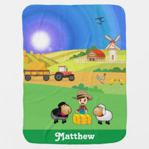 Cute Farmhouse, Sheep, and Chicks Baby Blanket