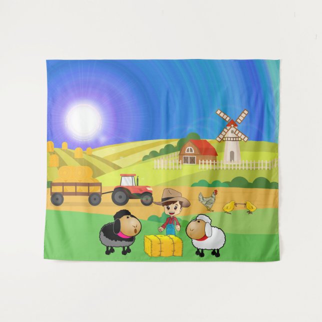 Cute Farmhouse, Sheep, and Chicks Tapestry (Front (Horizontal))