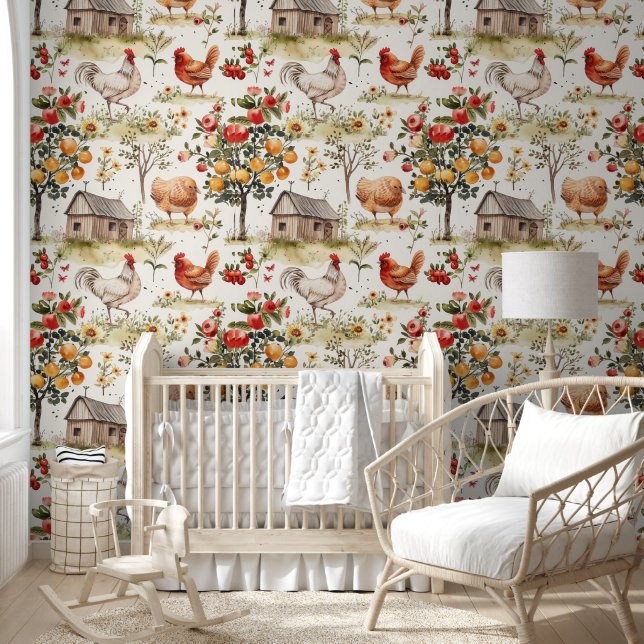 Cute Farmyard Chickens Hen House Apple Trees Wallpaper (Kids)
