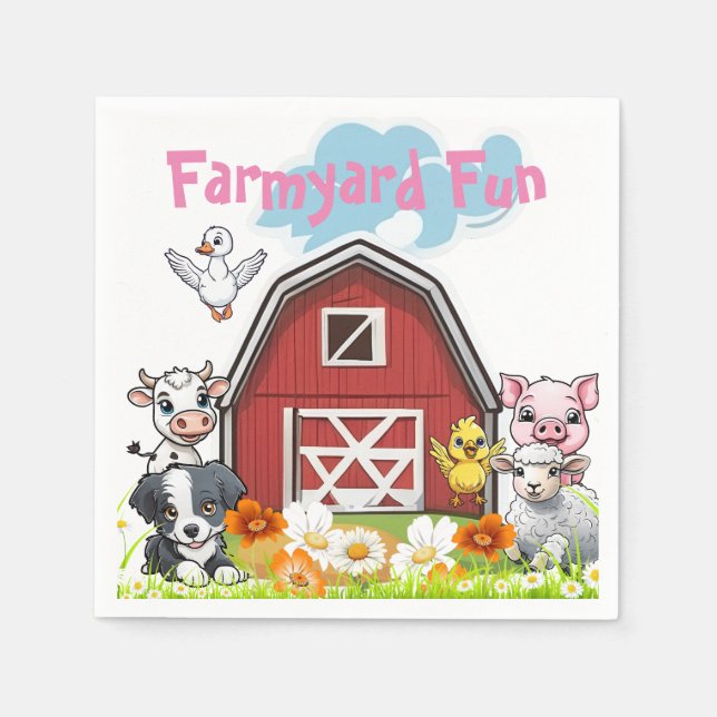 Cute Farmyard Fun Animals Country Barn & Daisies Napkins (Front)