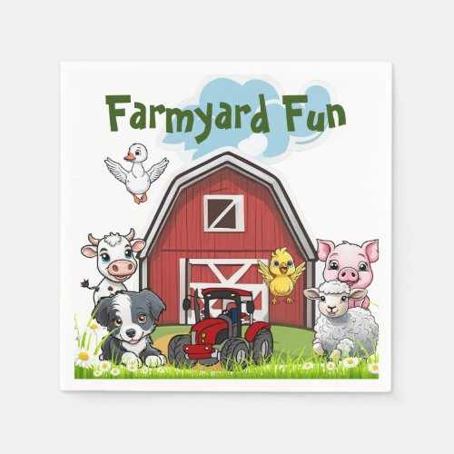 Cute Farmyard Fun Animals Red Country Barn Napkins