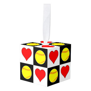 Cute Fastpitch Softball & Heart Checkered Pattern Cube Ornament