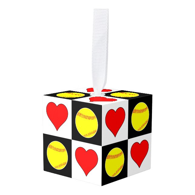 Cute Fastpitch Softball & Heart Checkered Pattern Cube Ornament (Front Angled)