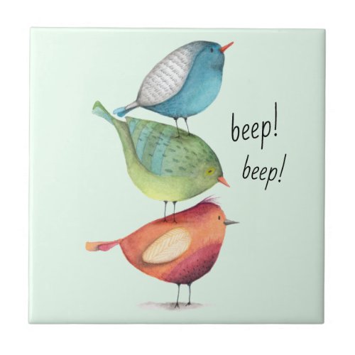 Cute Fat Birds Standing on Each Other Ceramic Tile