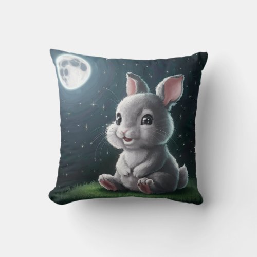 Cute Fat Bunny on Full Moon Light Throw Pillow