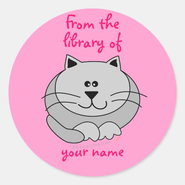 Cute Fat Cat Pink Personalized Kids Bookplates (Front)
