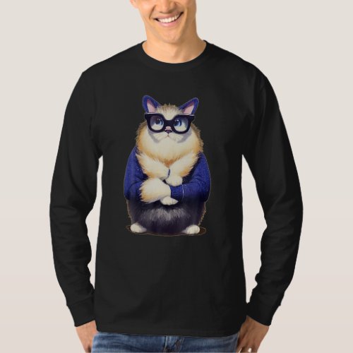 Cute Fat Fluffy Cat Wearing Glasses And Bee Stripe T_Shirt