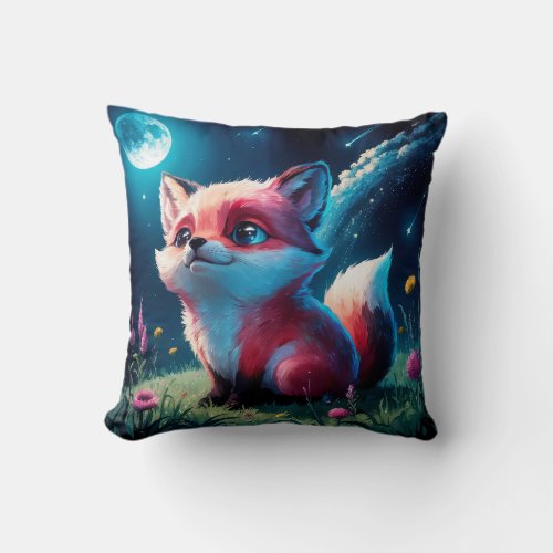 Cute Fat Fox under Moon Light in Nature Throw Pillow