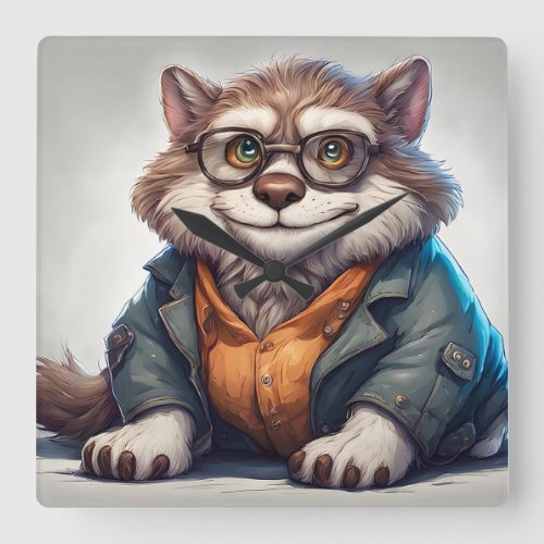 Cute Fat Kitty Cat Wearing Shirt and Jacket  Square Wall Clock