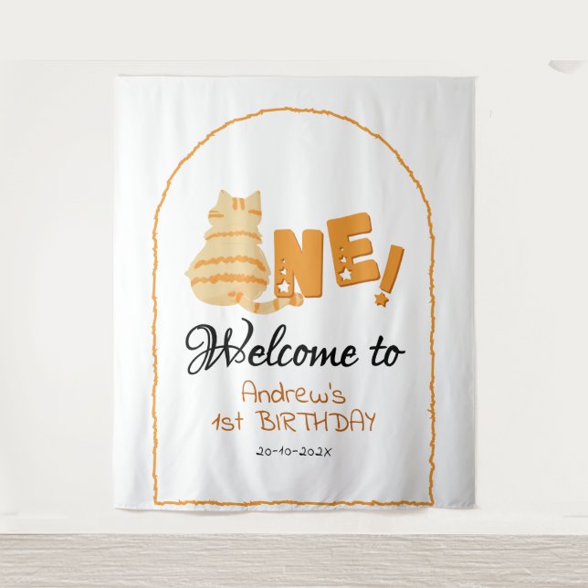 Cute Fat Orange Cat 1st Birthday Backdrop (Front)