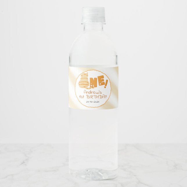 Cute Fat Orange Cat 1st Birthday Water Bottle Label (Front)