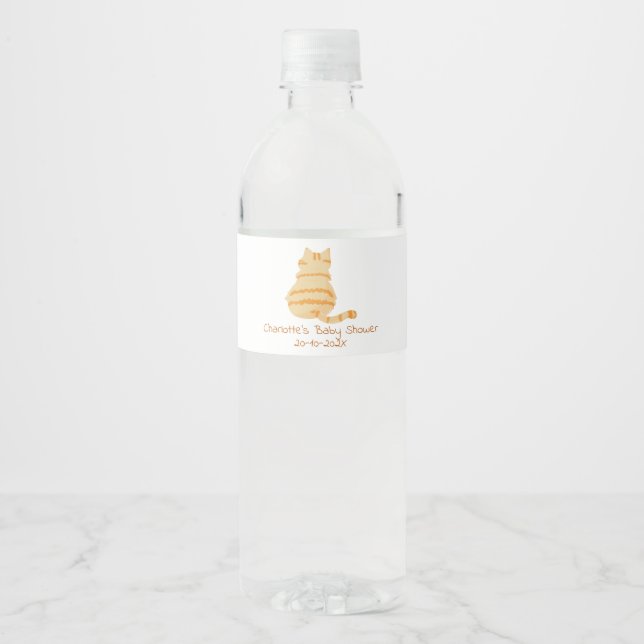 Cute Fat Orange Cat Baby Shower Water Bottle Label (Front)