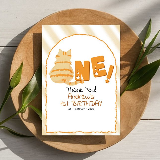 Cute Fat Orange Cat Stripes 1st Birthday Thank You Card (Creator Uploaded)
