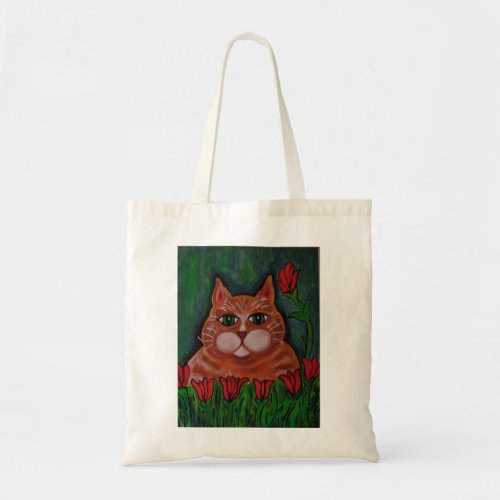 Cute Fat Orange Tabby Cat and flowers Tote bag