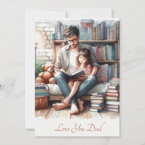 Cute Father and Daughter Reading Time Watercolor Holiday Card
