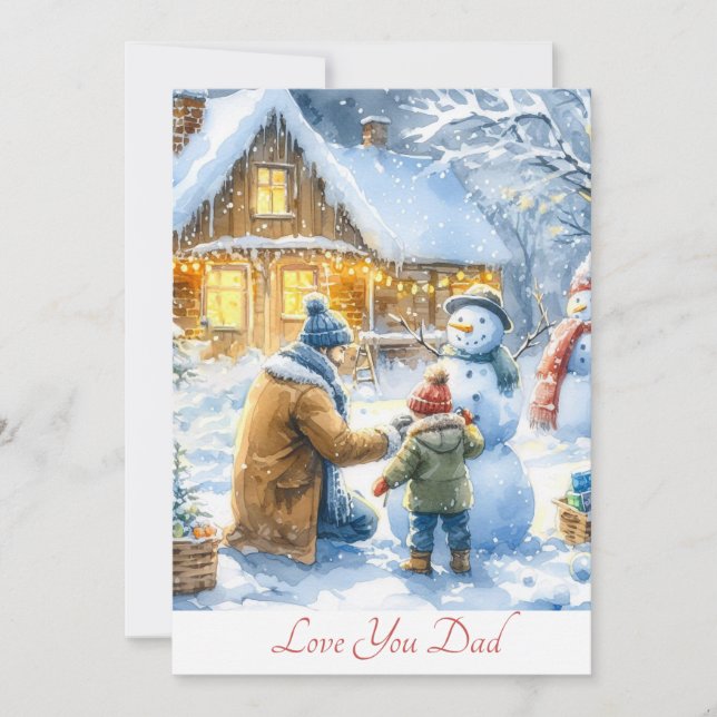 Cute Father and Son Building Snowman Watercolor Holiday Card (Front)