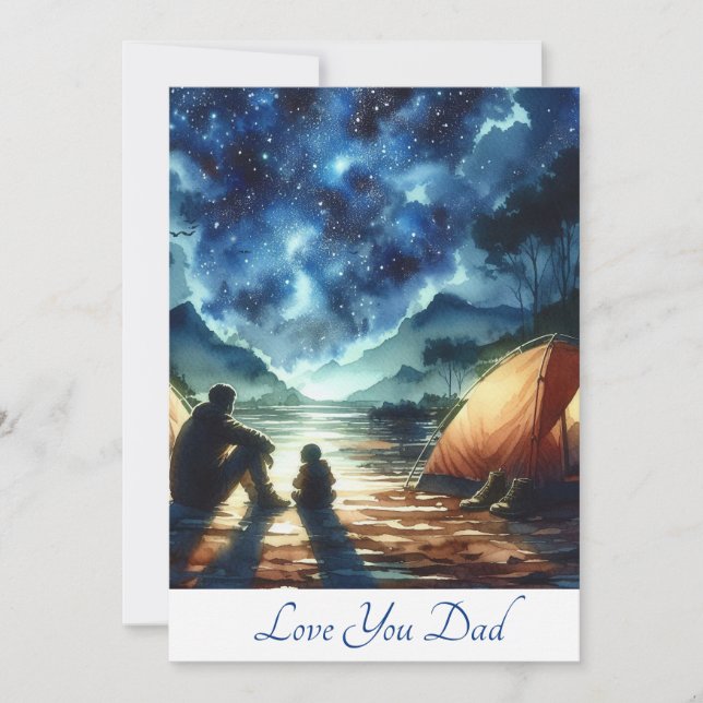 Cute Father And Son Camping Together Watercolor Holiday Card (Front)