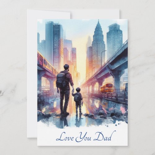 Cute Father and Son Exploring the City Watercolor Holiday Card