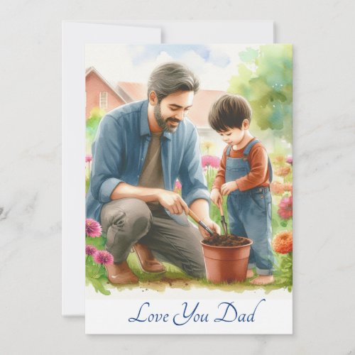 Cute Father And Son Gardening Together Watercolor Holiday Card