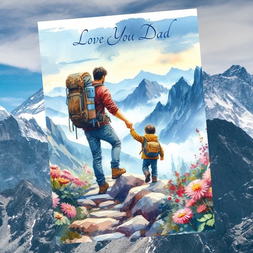 Cute Father And Son Hiking Together Watercolor Holiday Card