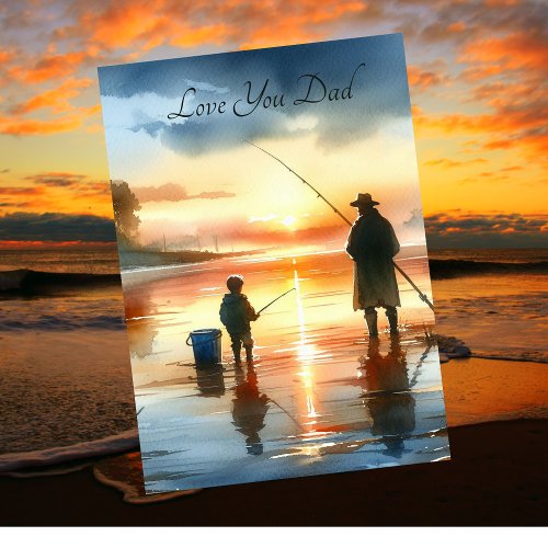 Cute Father And Son On A Fishing Trip Watercolor Holiday Card