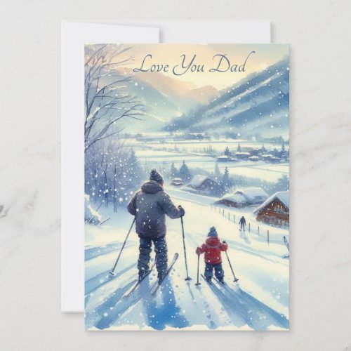 Cute Father and Son Skiing Together Watercolor Holiday Card