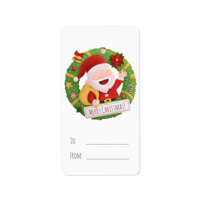 Cute Father Santa Wreath Christmas Gift Labels (Front)