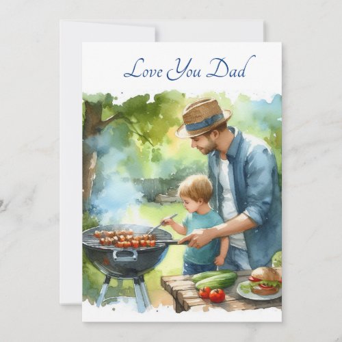 Cute Father  Son Doing Barbeque Watercolor Holiday Card