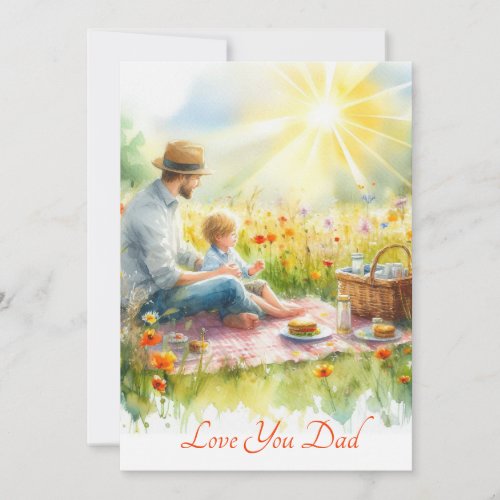 Cute Father  Son Having A Picnic Watercolor Holiday Card