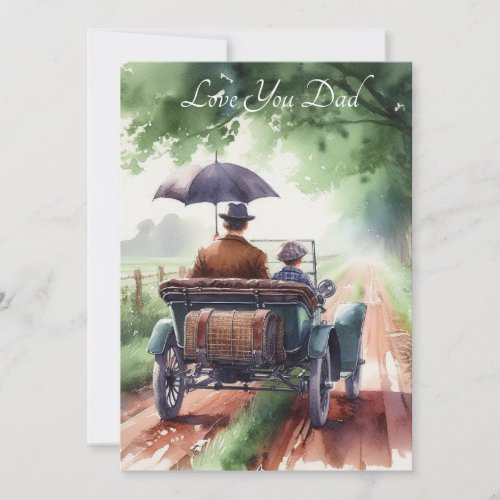 Cute Father  Son Riding A Classic Car Watercolor Holiday Card