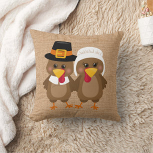 Cute faux burlap Thanksgiving Holiday turkey Throw Pillow