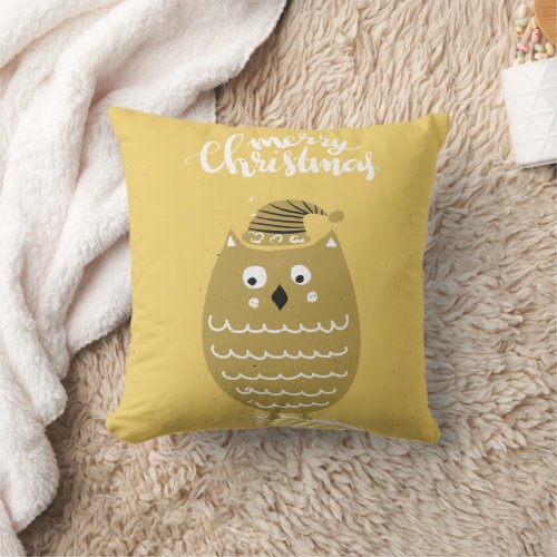 Cute Faux Gold Christmas Owl Throw Pillow