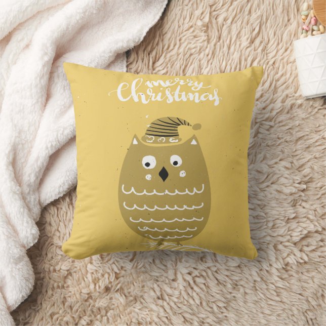 Cute Faux Gold Christmas Owl Throw Pillow (Blanket)