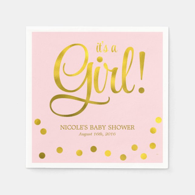 Cute Faux Gold Foil Confetti Girl Baby Shower Napkins (Front)