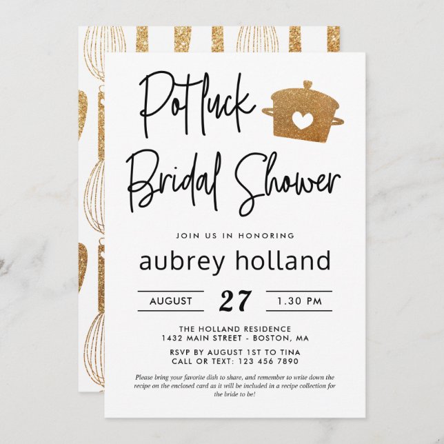 Cute Faux Gold Glitter Potluck Bridal Shower Invitation (Front/Back)