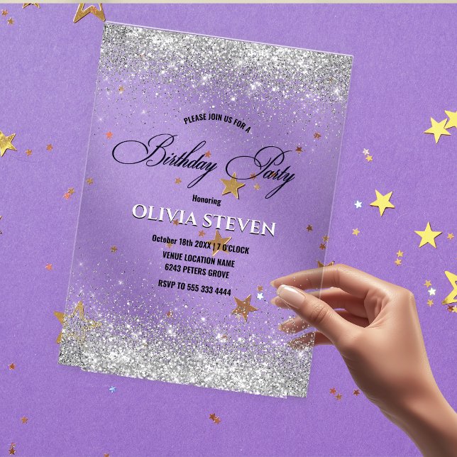 Cute faux silver glitter monogram birthday  acrylic invitations (Creator Uploaded)