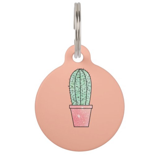 Cute Faux Sparkly Cactus on Coral Pink Pet Name Tag