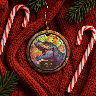 Cute faux stained glass dinosaur holiday keepsake ceramic ornament