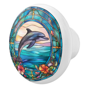 cute faux stained glass dolphin ceramic knob