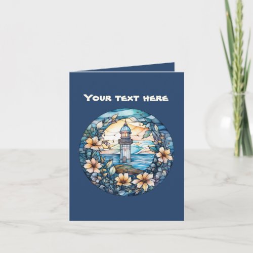Cute faux stained glass lighthouse add text  card