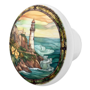 Cute faux stained glass lighthouse ceramic knob