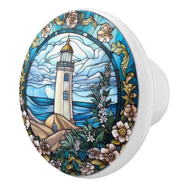 Cute faux stained glass lighthouse  ceramic knob (Right)