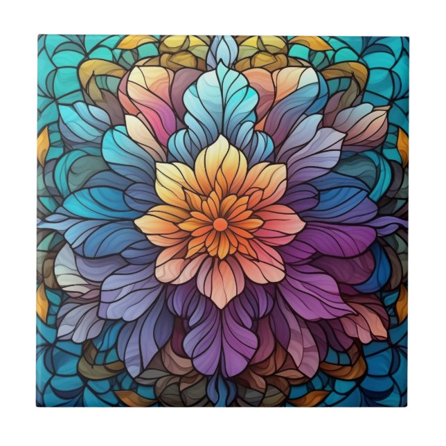 cute faux stained glass lovers flowers  ceramic tile (Front)