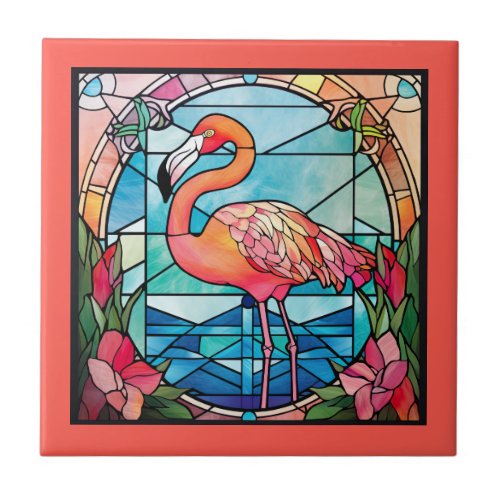 cute faux stained glass  pink flamingo ceramic tile