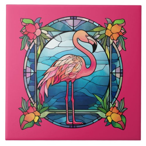 cute faux stained glass pink flamingo  ceramic tile